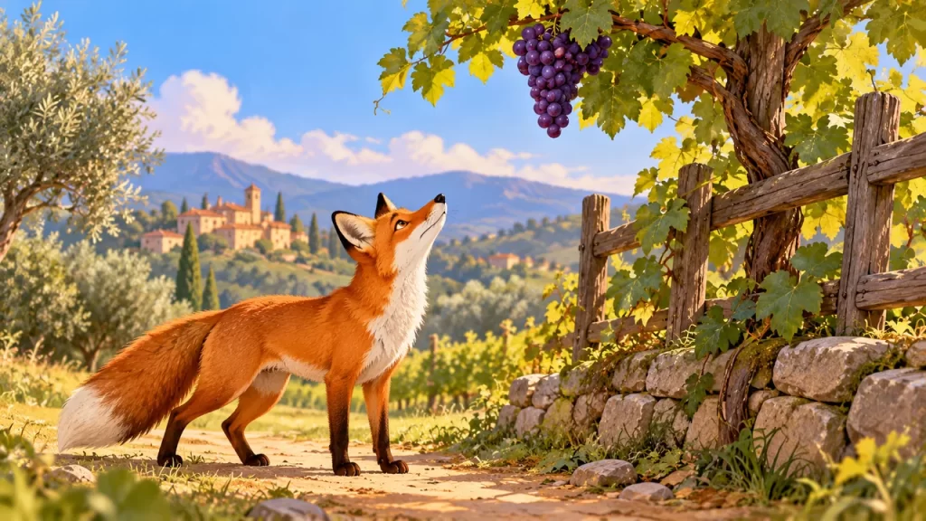 Una zorra mira un racimo de uvas maduras que cuelga fuera de su alcance.