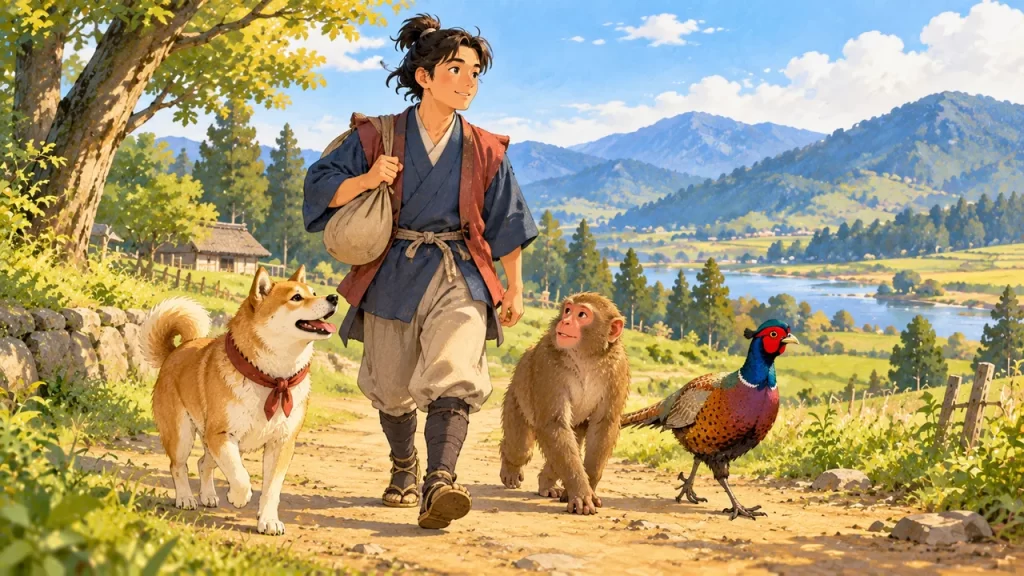 Momotaro camina con un perro, un mono y un faisán por un sendero.