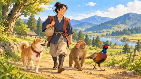 Momotaro camina con un perro, un mono y un faisán por un sendero.