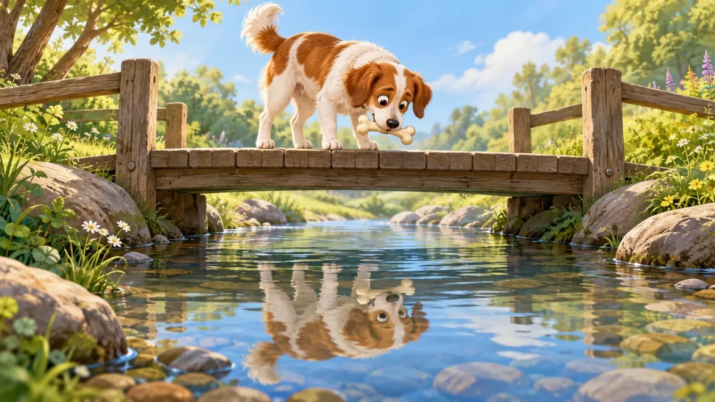 Un perro lleva un hueso sobre un puente y mira su propio reflejo en el agua.