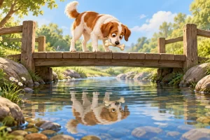 Un perro lleva un hueso sobre un puente y mira su propio reflejo en el agua.