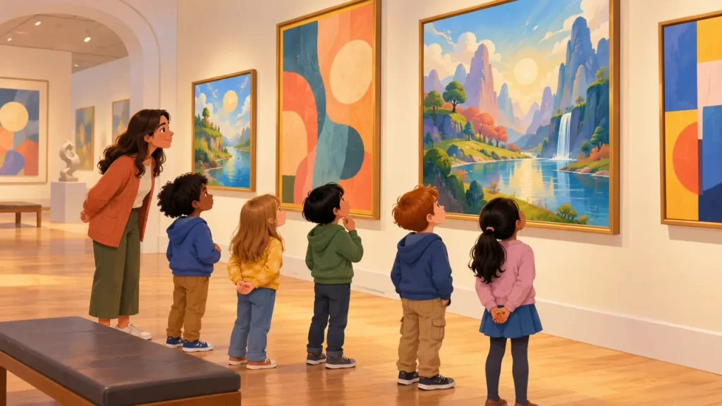 Niños acompañados por una adulta observan cuadros en un museo imaginario