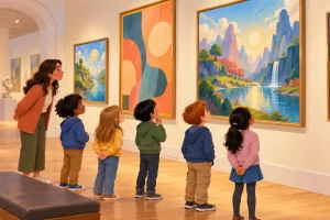 Niños acompañados por una adulta observan cuadros en un museo imaginario