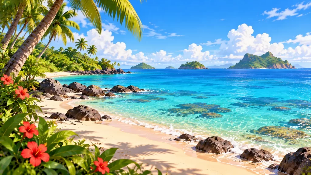 Playa e islas de un paisaje imaginario del Pacífico