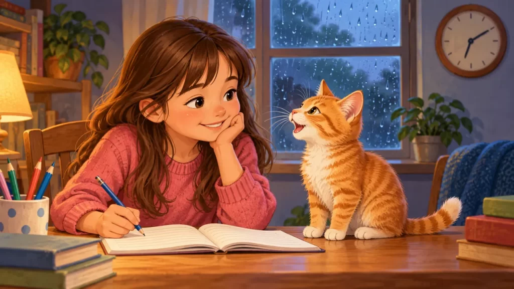 Qué son las onomatopeyas: ejemplos y ejercicios para niños 1 Una niña observa a un gato junto a un cuaderno, un reloj y una ventana con lluvia.