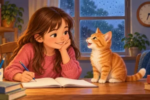Una niña observa a un gato junto a un cuaderno, un reloj y una ventana con lluvia.