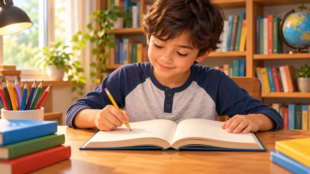 Escolar escribe en un libro abierto en una mesa luminosa.