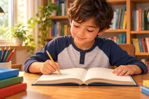 Escolar escribe en un libro abierto en una mesa luminosa.