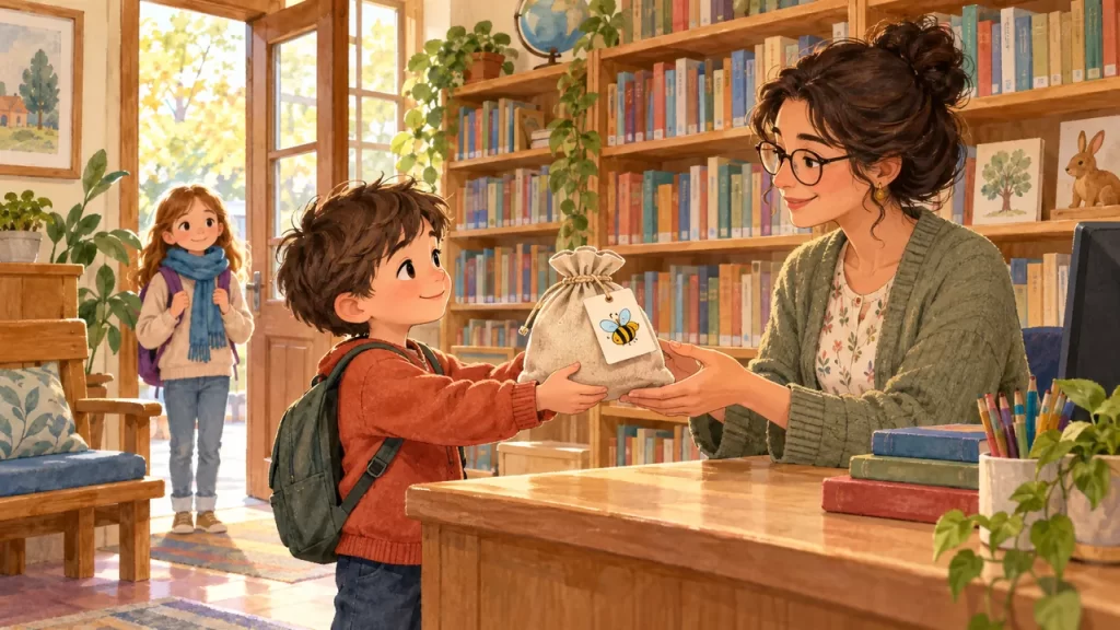 Bruno entrega una bolsa con una abeja dibujada a la bibliotecaria mientras una niña con bufanda azul espera.
