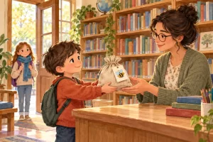 Bruno entrega una bolsa con una abeja dibujada a la bibliotecaria mientras una niña con bufanda azul espera.