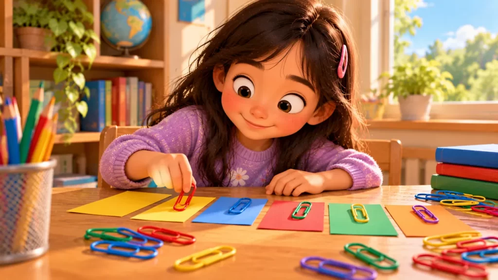 Una niña organiza clips de colores sobre tarjetas