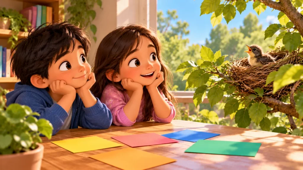 Dos niños observan desde una ventana un nido cercano sin tocarlo