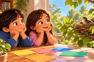 Dos niños observan desde una ventana un nido cercano sin tocarlo