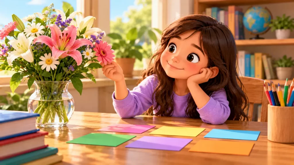 Palabras con FL: ejemplos y actividades para practicar su lectura 1 Niña observa flores diferentes junto a tarjetas de colores.