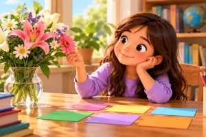 Niña observa flores diferentes junto a tarjetas de colores.