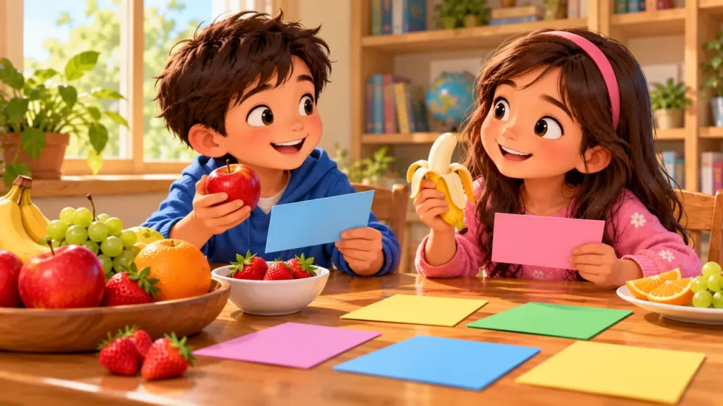 Dos niños sostienen frutas y tarjetas sin texto en una actividad de vocabulario.
