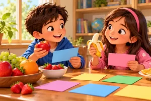 Dos niños sostienen frutas y tarjetas sin texto en una actividad de vocabulario.