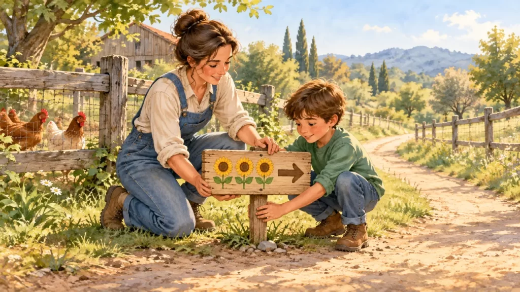 Palabras con G: ejemplos y actividades de lectura 1 Una guía y un niño colocan en la granja un cartel con tres girasoles y una flecha que señala el sendero.