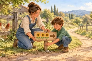Una guía y un niño colocan en la granja un cartel con tres girasoles y una flecha que señala el sendero.