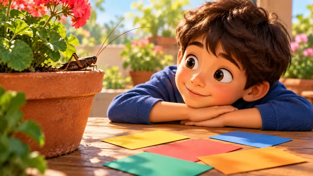 Niño observa un grillo marrón de antenas largas junto a una maceta.