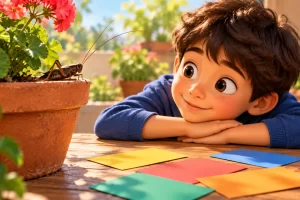 Niño observa un grillo marrón de antenas largas junto a una maceta.