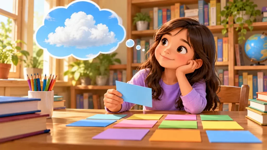 Una niña imagina una nube mientras trabaja con tarjetas de lectura