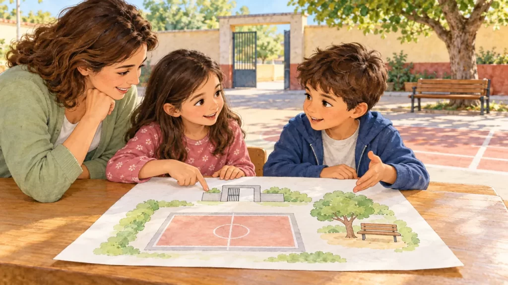 Una maestra y dos niños observan un plano del patio escolar con una cancha, una puerta y un banco junto a un árbol.