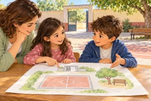 Una maestra y dos niños observan un plano del patio escolar con una cancha, una puerta y un banco junto a un árbol.