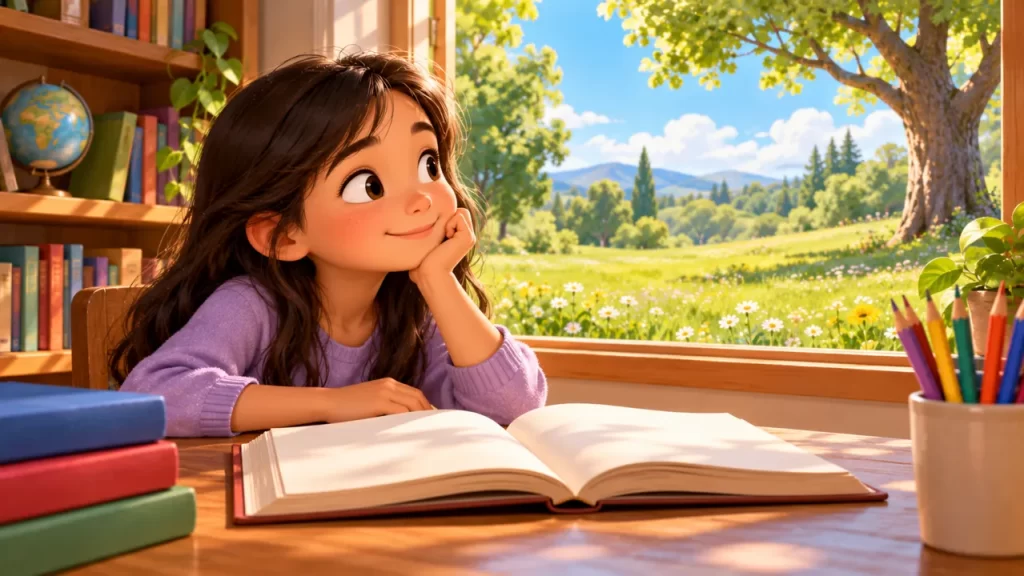 Niña con un libro abierto junto a una ventana que da a una pradera.