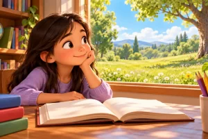Niña con un libro abierto junto a una ventana que da a una pradera.
