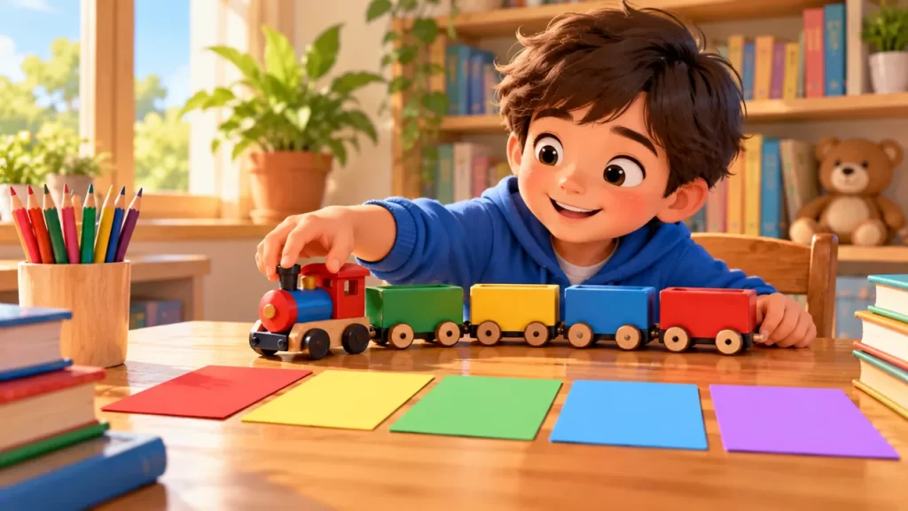 Palabras con TRA, TRE, TRI, TRO y TRU: lectura y ejercicios 1 Niño ordena los vagones de un tren de juguete de colores.