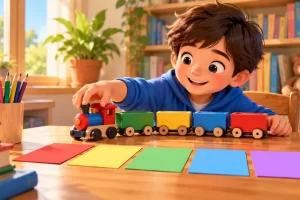 Niño ordena los vagones de un tren de juguete de colores.