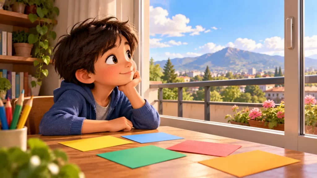 Niño observa por una ventana junto a tarjetas de colores sin letras.