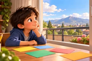 Niño observa por una ventana junto a tarjetas de colores sin letras.