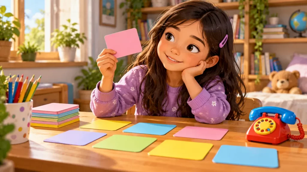 Una niña usa tarjetas vacías y un teléfono de juguete para una actividad de palabras