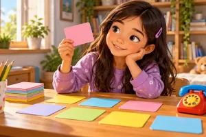 Una niña usa tarjetas vacías y un teléfono de juguete para una actividad de palabras