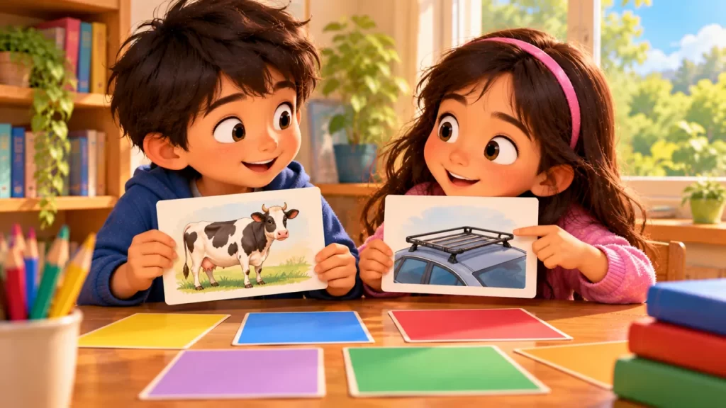 Dos niños muestran dibujos de una vaca y de una baca para practicar homófonos
