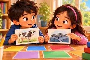 Dos niños muestran dibujos de una vaca y de una baca para practicar homófonos