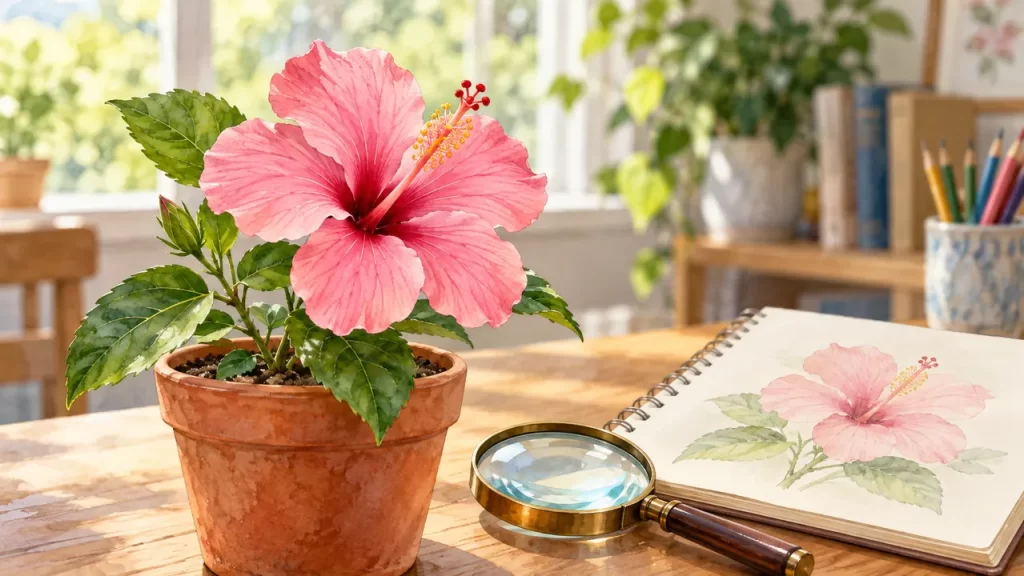 Una flor de hibisco rosada en maceta junto a una lupa y un cuaderno de dibujo.