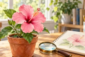 Una flor de hibisco rosada en maceta junto a una lupa y un cuaderno de dibujo.