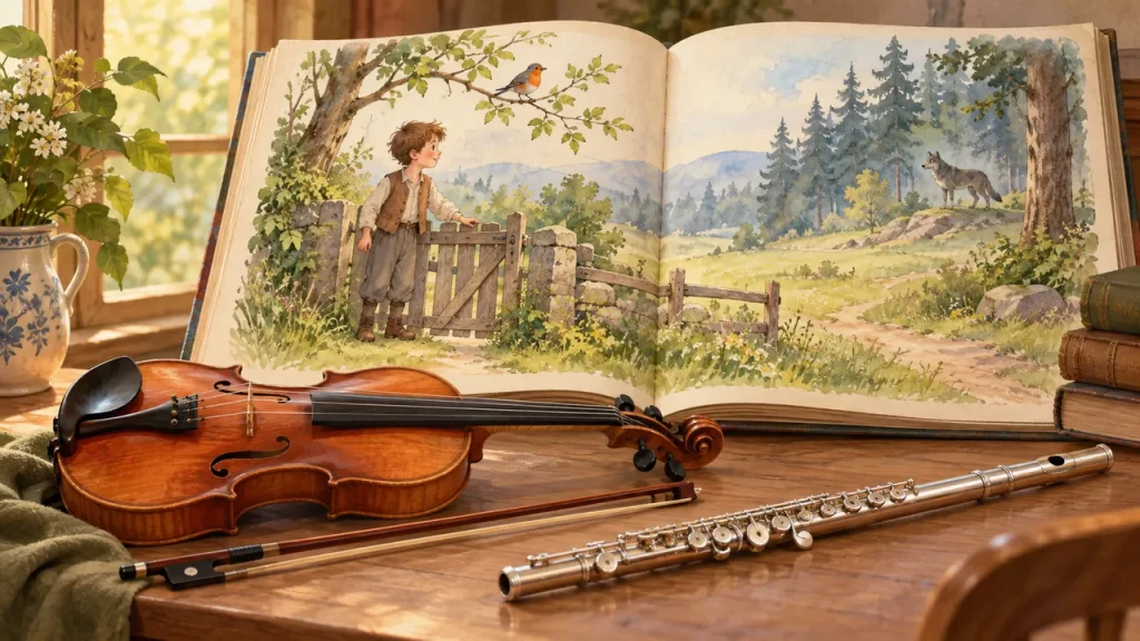 Un violín y una flauta ante un libro ilustrado con Pedro junto al jardín, un pájaro y un lobo distante.