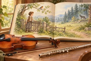 Un violín y una flauta ante un libro ilustrado con Pedro junto al jardín, un pájaro y un lobo distante.