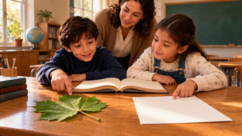 Palabras polisémicas: una palabra con varios significados 1 Dos estudiantes comparan una hoja de árbol y una hoja de papel con acompañamiento adulto.