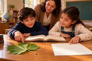 Dos estudiantes comparan una hoja de árbol y una hoja de papel con acompañamiento adulto.