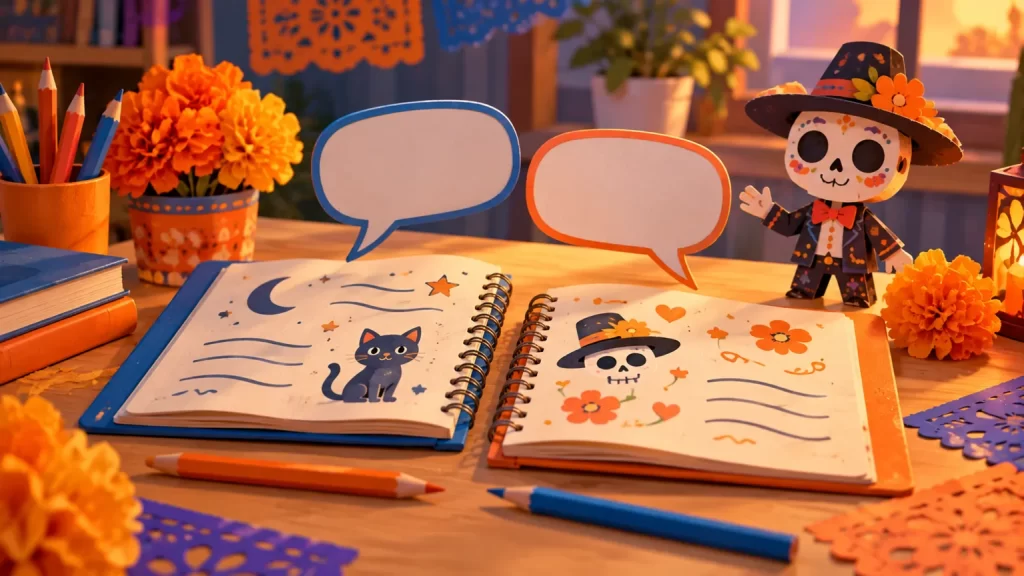 Dos cuadernos y bocadillos de diálogo de papel junto a una Calaca y lápices de colores.