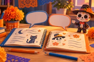 Dos cuadernos y bocadillos de diálogo de papel junto a una Calaca y lápices de colores.