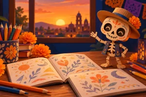 Una Calaca de papel junto a cuadernos, lápices y flores sobre una mesa escolar.