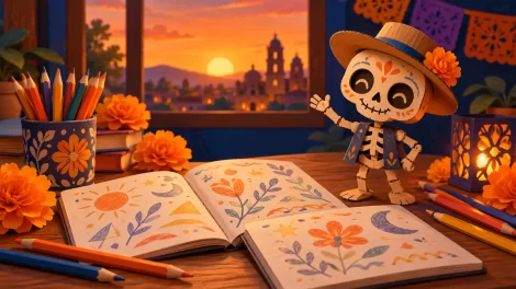 Una Calaca de papel junto a cuadernos, lápices y flores sobre una mesa escolar.