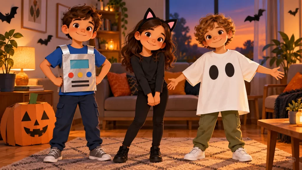 Disfraces de Halloween para niños: tres ideas caseras con ropa y papel 1 Tres niños con disfraces caseros de robot, gato y fantasma, con los rostros descubiertos.