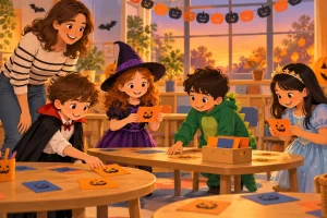 Niños buscan tarjetas de calabazas en una fiesta de Halloween acompañados por una adulta.